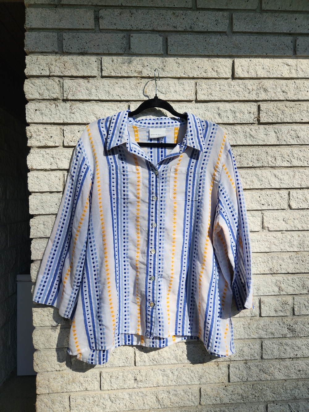 Alfred Dunner White Blue & Yellow Striped Button Shirt